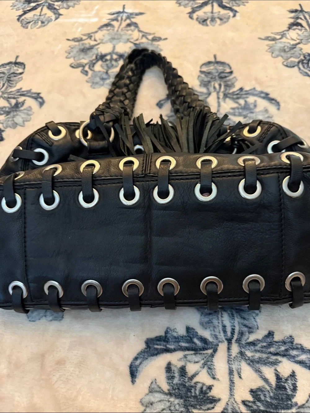 Michael Kors Black Leather Shoulder Bag with Braided Handles and Tassel